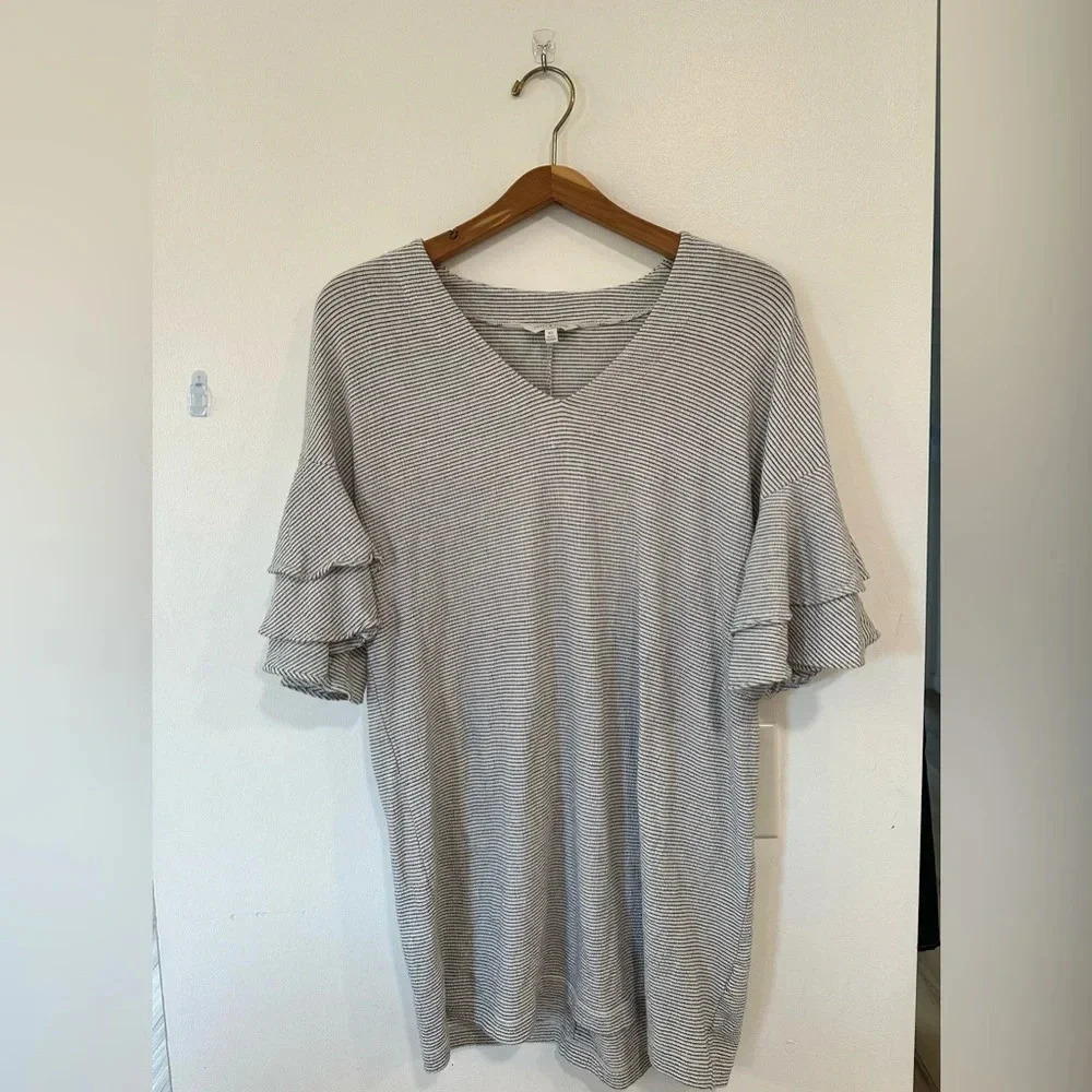 Lucky Brand Stripe Ruffle Bell Sleeve Knit Mini Shirt Dress Women’s X-Small